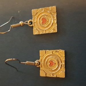 Heart earrings red and silver tone gamer circuits maze nerd love